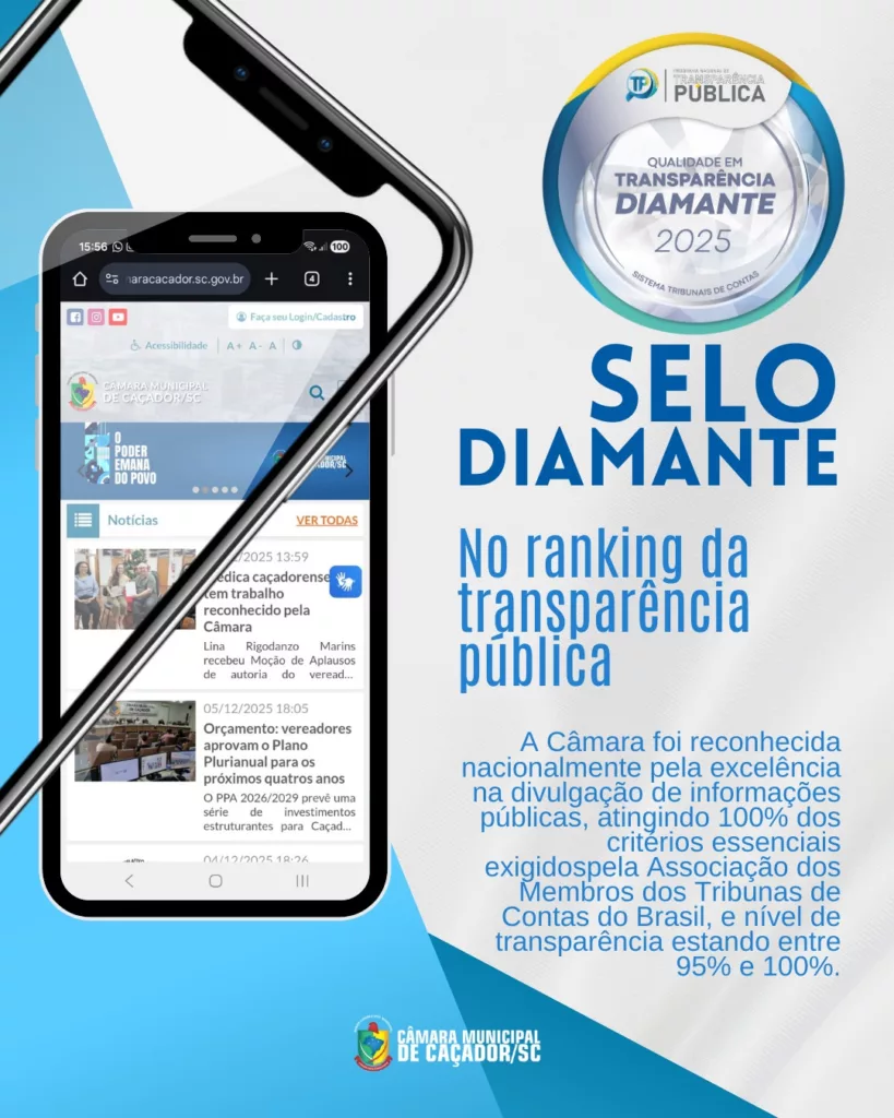 Câmara de Caçador conquista Selo Diamante no ranking da transparência pública 2 diamante2